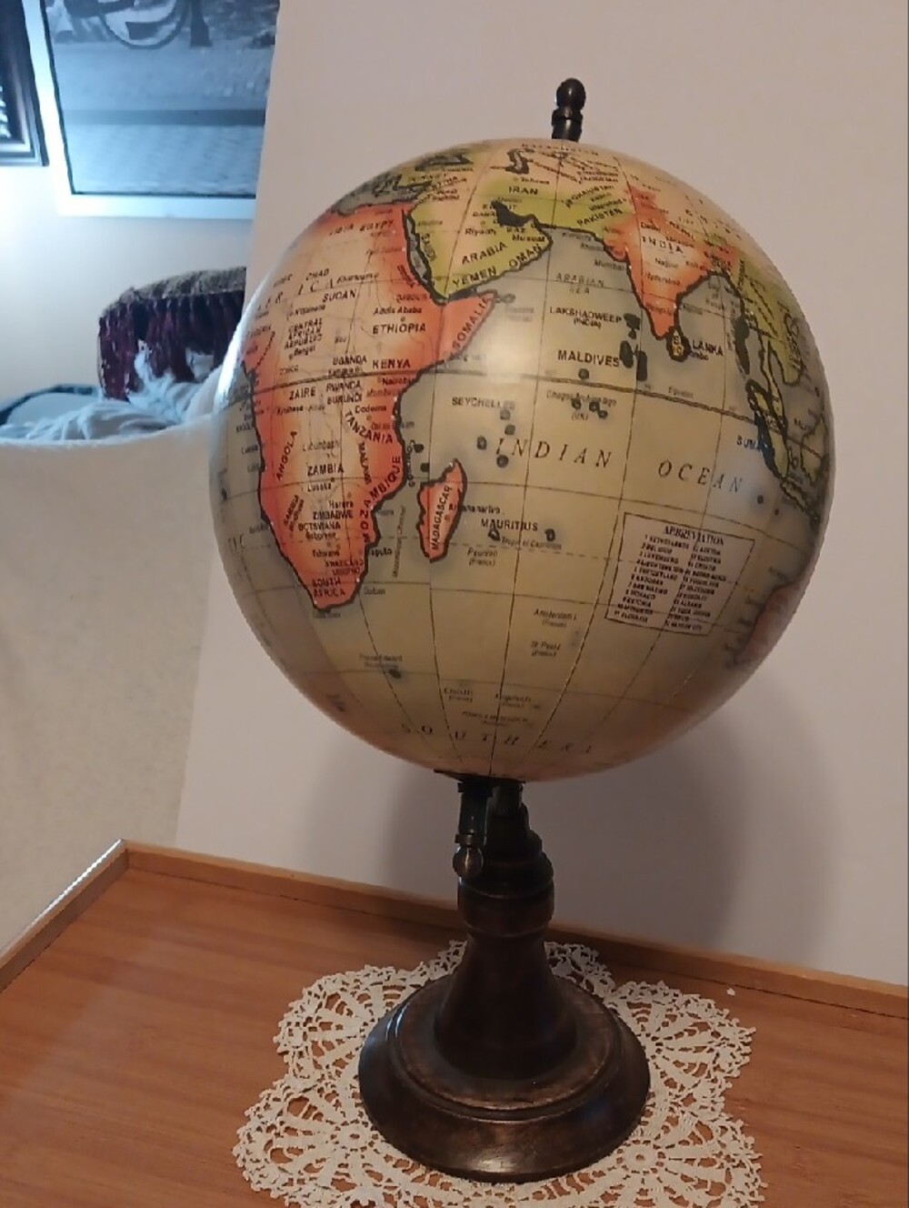 Vintage-Style Decorative Wood Globe in Cream and Brown 15 Inches Tall - Picture 5 of 7